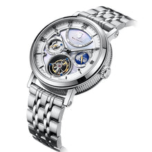 Silver tourbillon watch on a steel bracelet