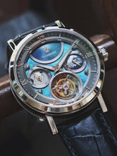 Blue pearl tourbillon watch on black leather strap