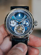 Blue pearl tourbillon watch on black leather strap