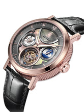 Rose Gold tourbillon watch with grey pearl dial and black leather strap