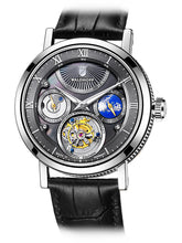 Grey pearl tourbillon watch on black leather strap