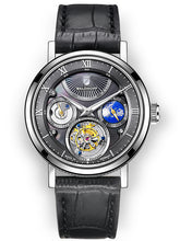 Grey pearl tourbillon watch on black leather strap