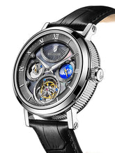 Grey pearl tourbillon watch on black leather strap