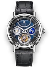 Blue pearl tourbillon watch on black leather strap