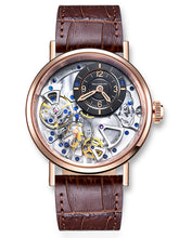Rose Gold skeleton watch with brown leather strap