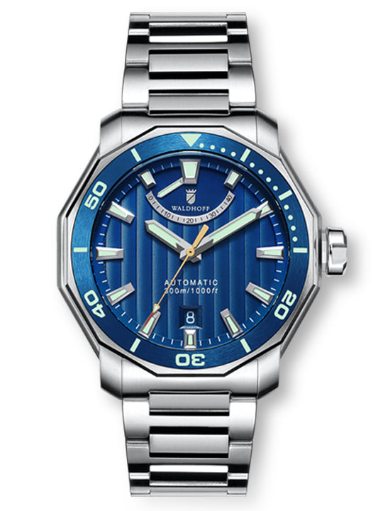 Blue dive watch on a steel bracelet