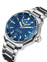 Blue dive watch on a steel bracelet
