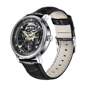 Back classic men's watch on black leather strap