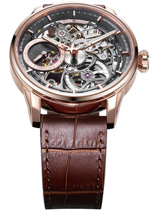 Rose Gold skeleton watch with damascus steel dial