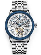 Skeleton tourbillon watch with blue bezel on a steel bracelet