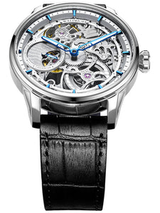 Silver skeleton watch with damascus steel dial