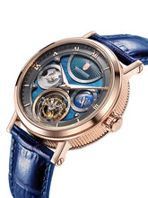 Rose Gold tourbillon watch wiith blue pearl dial on a blue leather strap