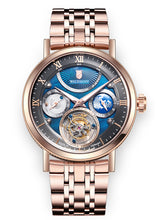 Rose Gold  tourbillon watch wiith blue pearl dial on a steel bracelet