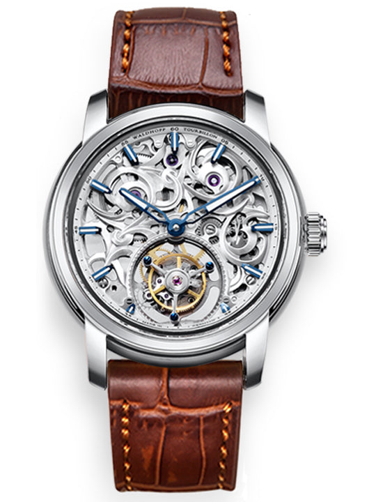 Silver tourbillon watch on brown leather