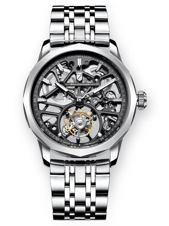 Skeleton tourbillon watch on a steel bracelet