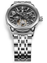 Skeleton tourbillon watch on a steel bracelet