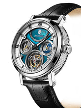 Tourbillon watch with blue pearl dial on a black leather strap