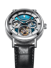 Tourbillon watch with blue pearl dial on a black leather strap