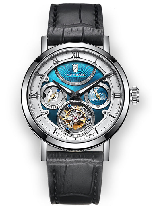 Tourbillon watch with blue pearl dial on a black leather strap