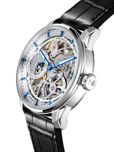 Silver skeleton watch with damascus steel dial