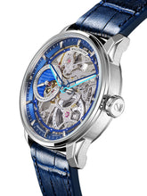 Blue skeleton watch with damascus steel dial