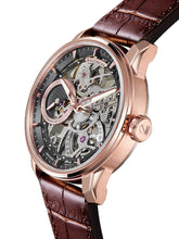 Rose Gold skeleton watch with damascus steel dial