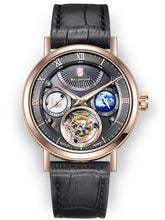 Rose Gold tourbillon watch with grey pearl dial and black leather strap