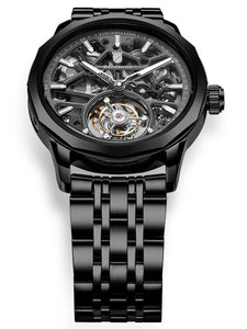 Black skeleton tourbillon watch on a black steel bracelet