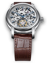 Silver tourbillon watch on brown leather