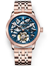 Rose Gold tourbillon skeleton watch with blue movement on a steel bracelet