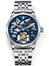 Tourbillon skeleton watch with blue movement on a steel bracelet