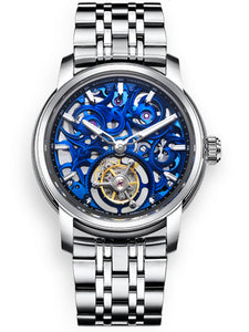 Blue tourbillon watch on a steel bracelet