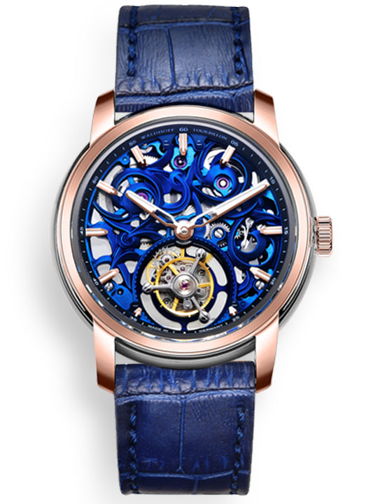 Rose Gold tourbillon watch with blue movement