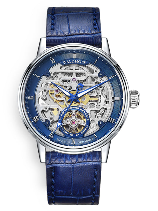 Blue classic men's watch on blue leather strap