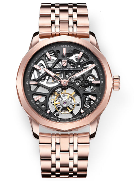 Rose Gold tourbillon skeleton watch on steel bracelet