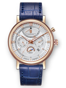 Rose Gold multifunction automatic watch on a blue leather strap