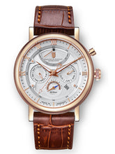 Rose Gold multifunction automatic watch on brown leather strap