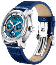 Watch with blue pearl dial and moonphase on blue leather strap