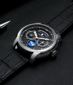 Black watch with moonphase and black leather strap