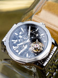 Tourbillon skeleton watch on steel bracelet