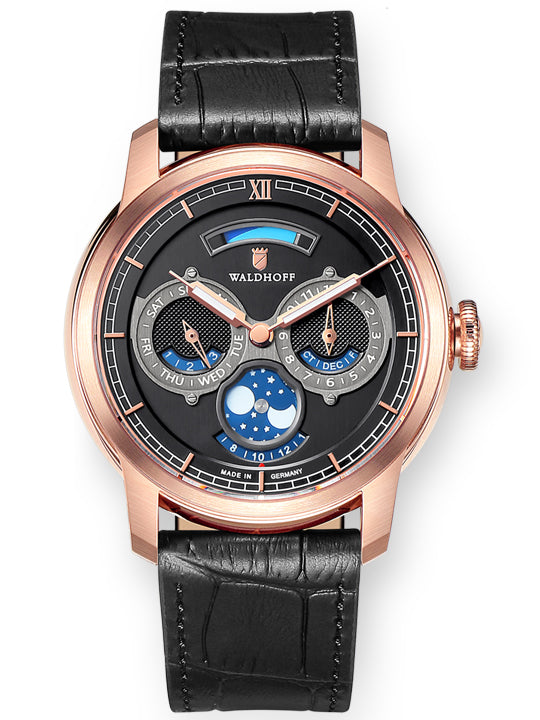 Rose Gold watch with black dial and moonphase