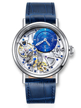 Skeleton watch with blue leather strap