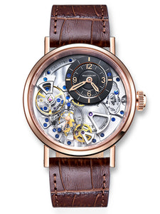 Rose Gold skeleton watch with brown leather strap