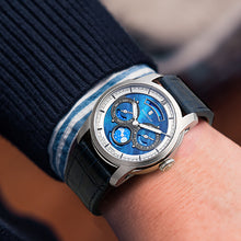 Watch with blue pearl dial and moonphase on blue leather strap