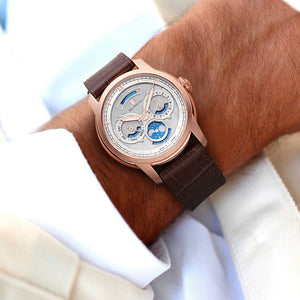 Rose Gold multifunction watch with silver dial and moonphase